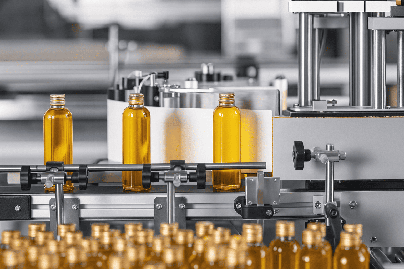 Factory process production of new cosmetics in glass bottles on conveyor belt